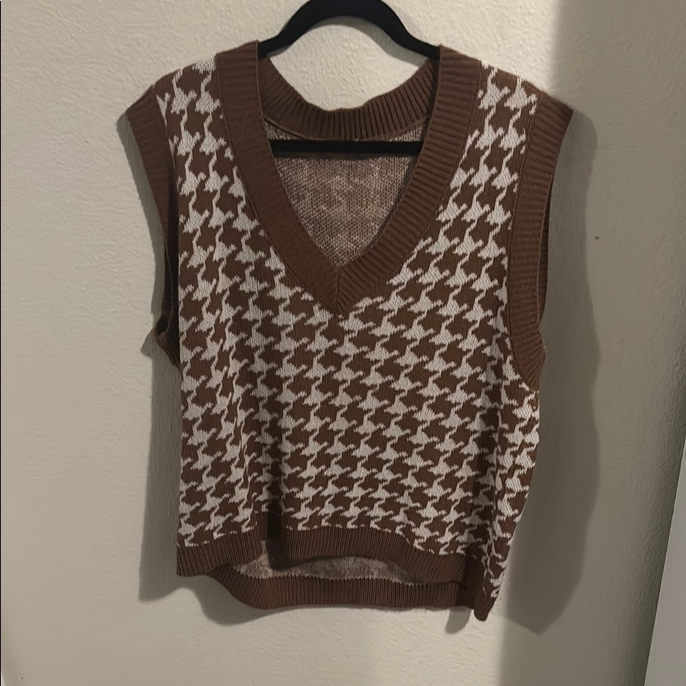 Brown and White Houndstooth Sweater Vest and black butterfly sweater vest